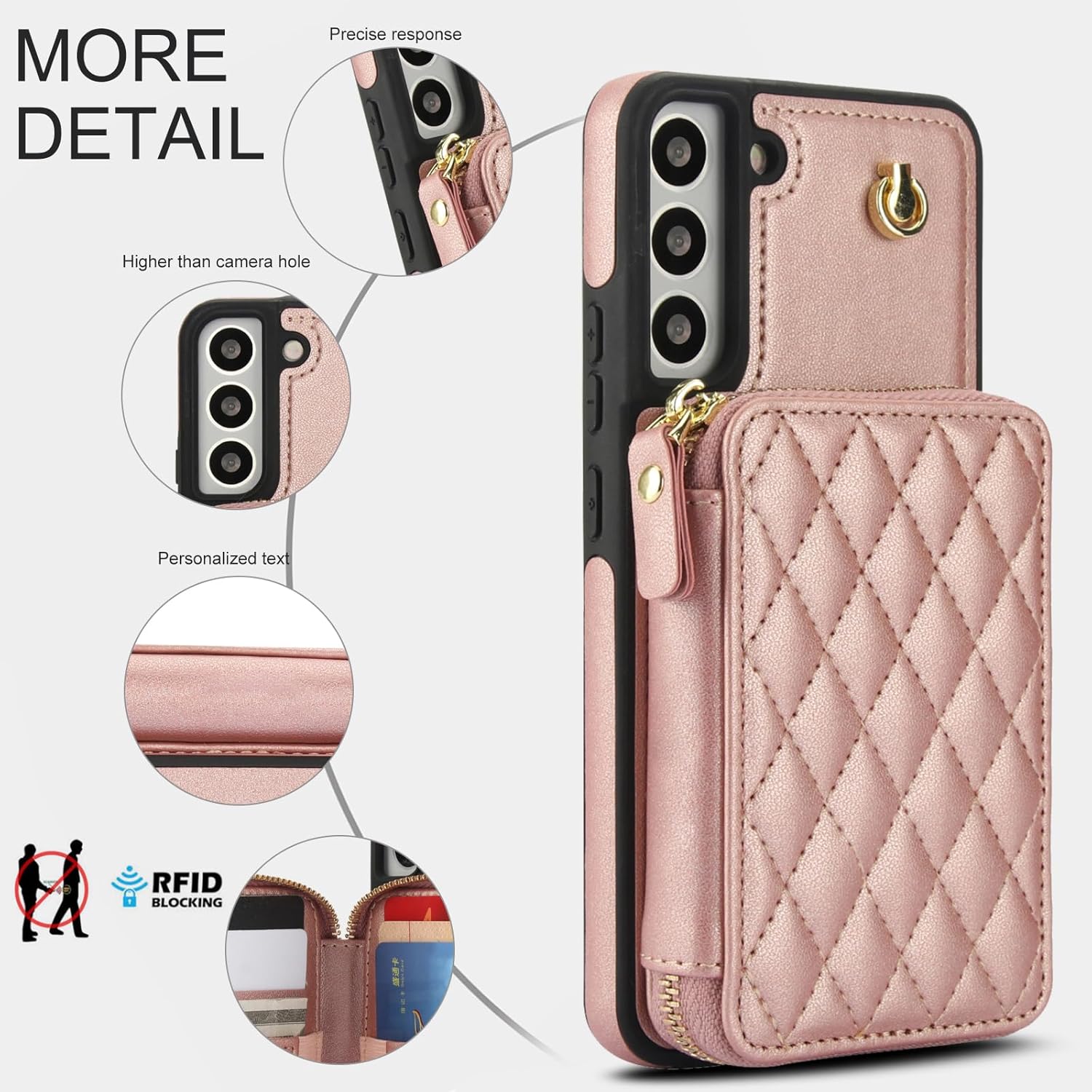 Phone Case for Samsung Galaxy S21 FE 5G Wallet Cell Cover with Tempered Glass Screen Protector Wrist Crossbody Strap RFID Blocking Card Holder S 21 EF S21FE5G UW S21FE 21S G5 6.4 inch Women Rose Gold