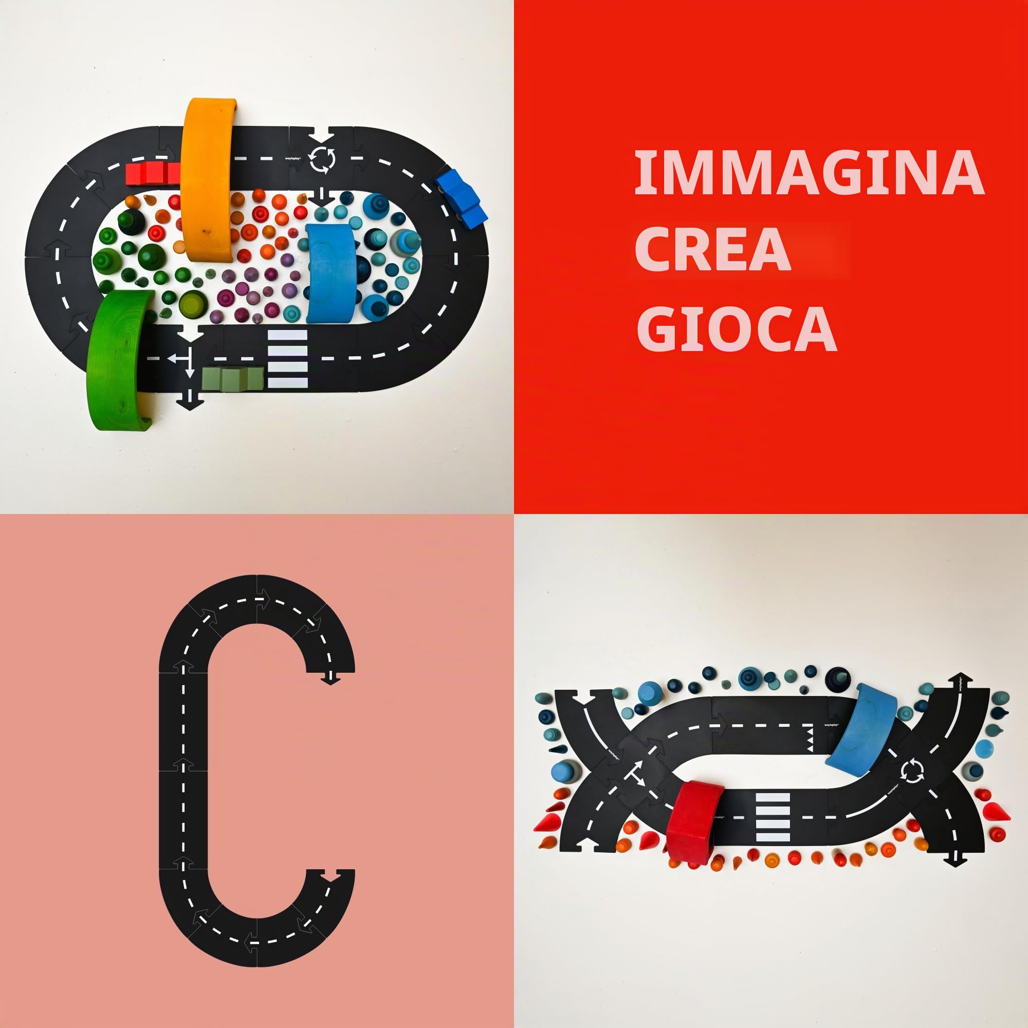 waytoplay, Set da Costruzione per Strada Giocattolo, 12 Pezzi, Colore Nero con Strisce Bianche