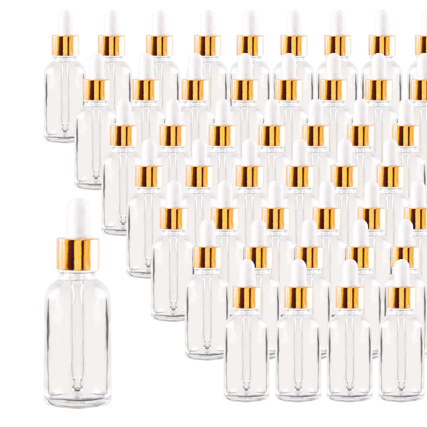 Easeen 48 Pack 1oz Clear Glass Dropper Bottles, Eye Dropper Bottles with Glass Droppers for Essential Oils, Perfumes (30ml, Gold), (G-1OZ48)