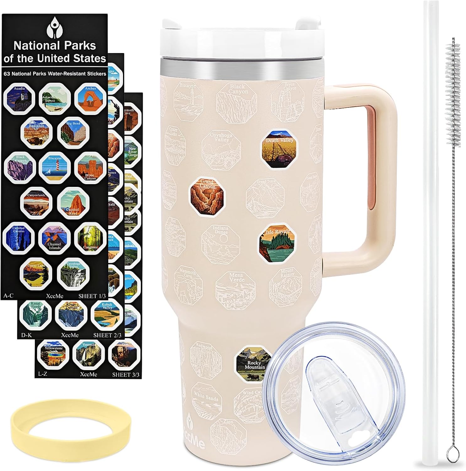 63 National Parks Water Bottle with Stickers,40 oz Tumbler with Handle and Straw,2 Lids,40 oz Double Wall Insulated Tumbler,Stainless Steel Leak Proof Tumbler,Travel Coffee Mug (Rose Quartz)