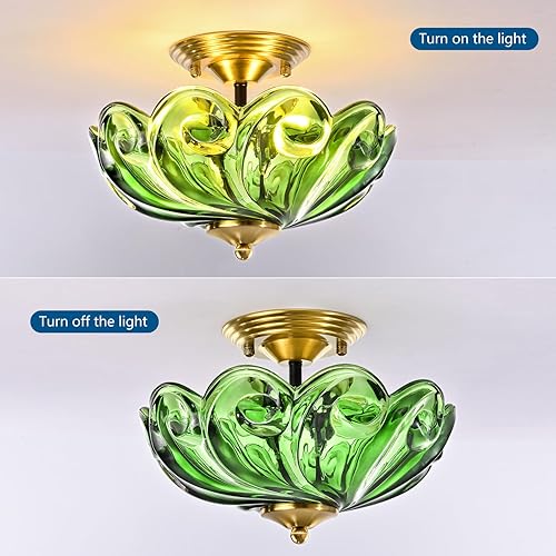 Miniatura 7 de HuixuTe Lámpara de techo moderna semiempotrada, 3 luces doradas para cerca del techo con pantalla de vidrio verde para sala de estar, entrada,