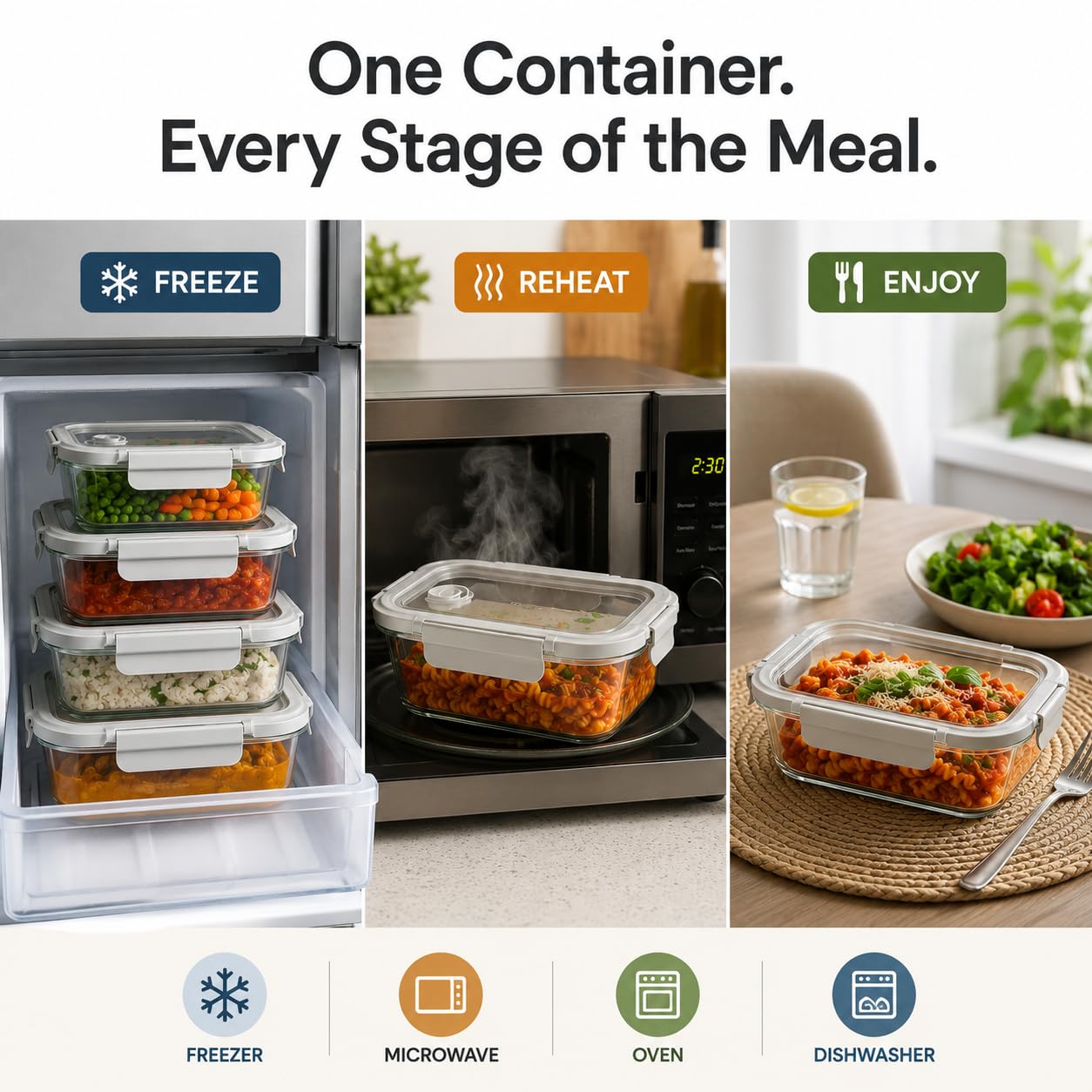 Set di 4 contenitori per alimenti in vetro con coperchio in vetro, adatti per congelatore e forno