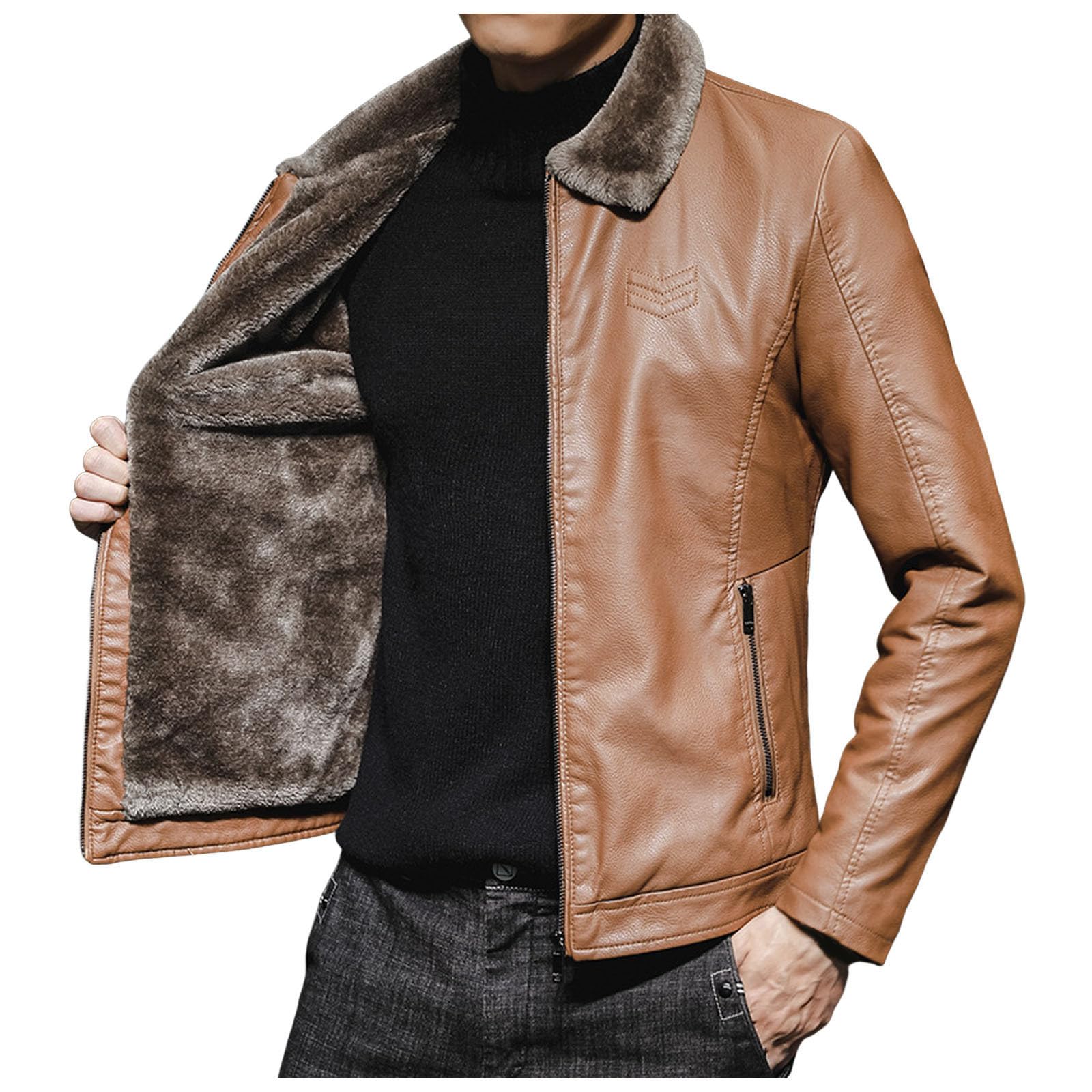 Blouson Moto Homme Veste en Similicuir avec Manteau Chaud d'hiver pour Les activités de Plein air, Design Tendance à col Montant, Durable, légère, Coupe-Vent, vêtements d'extérieur décontractés