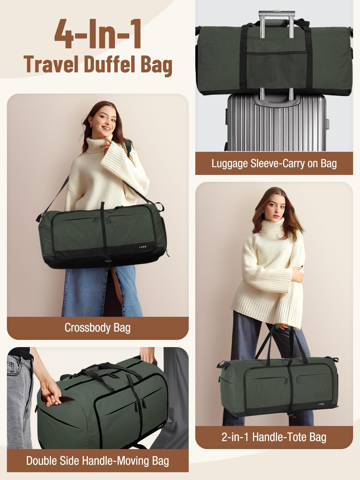 Lekesky Grande borsone da viaggio pieghevole, impermeabile, con scomparto per scarpe, borsa sportiva per il fine settimana, per donne e uomini, Verde, 80L, borsa da viaggio