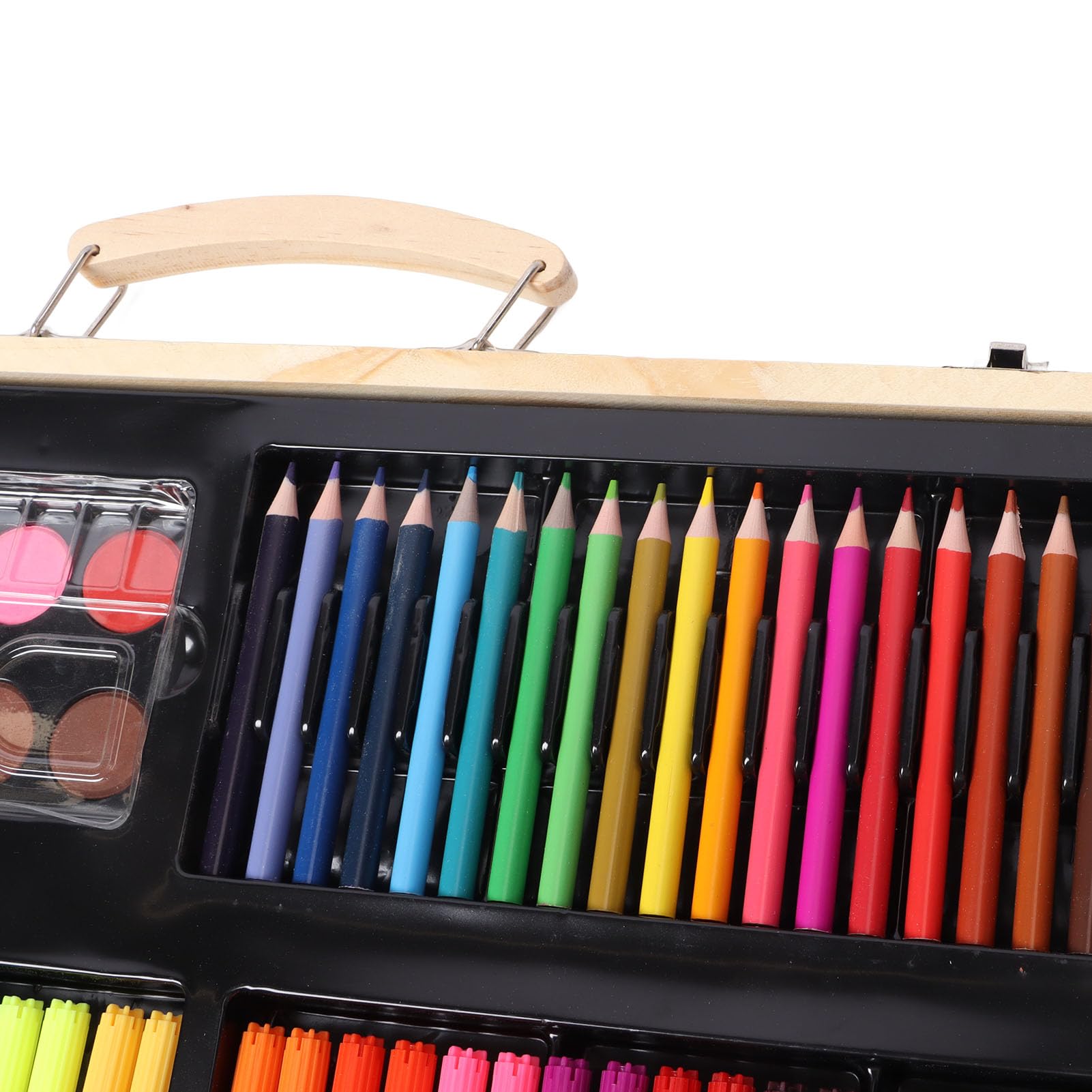 Kinder-Malset aus Holz, vielseitiges Kunstmaterial für Kinder mit 158 Teilen, darunter Wachsmalstifte, Pastelle und Aquarellstifte, sorgfältig in einer Holzkiste für Zuhause und