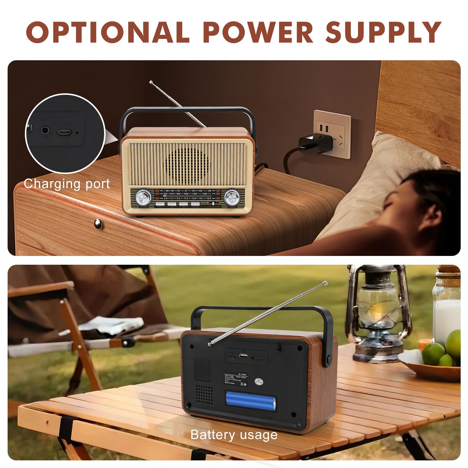 Retro Radio mit Bluetooth, Kofferradio Batteriebetrieben oder mit Stromkabel, Nostalgie Küchenradio mit 1000mAh Akku, USB/TF/AUX Unterstützung, Tragbares Radio Retro für Zuhause und Senioren