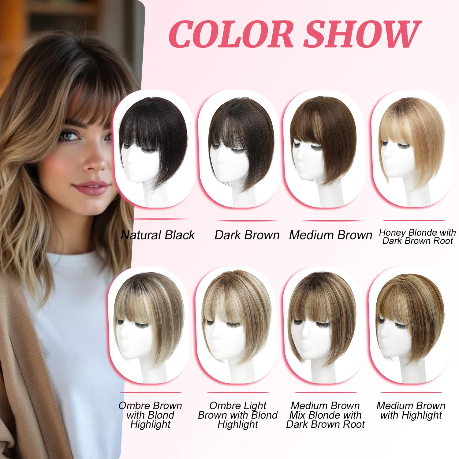 YAMI Hair Toppers for Women Real Human Hair Toppers with Bangs (Medium Brown Mix Blonde with Dark Brown Root)
