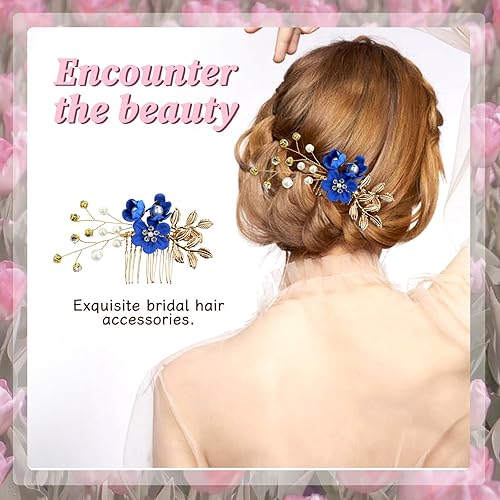Miniatura 10 de inSowni Paquete de 20 peines laterales de boda con flores blancas y rosas y azules + horquillas para el cabello con flores y perlas en espiral,