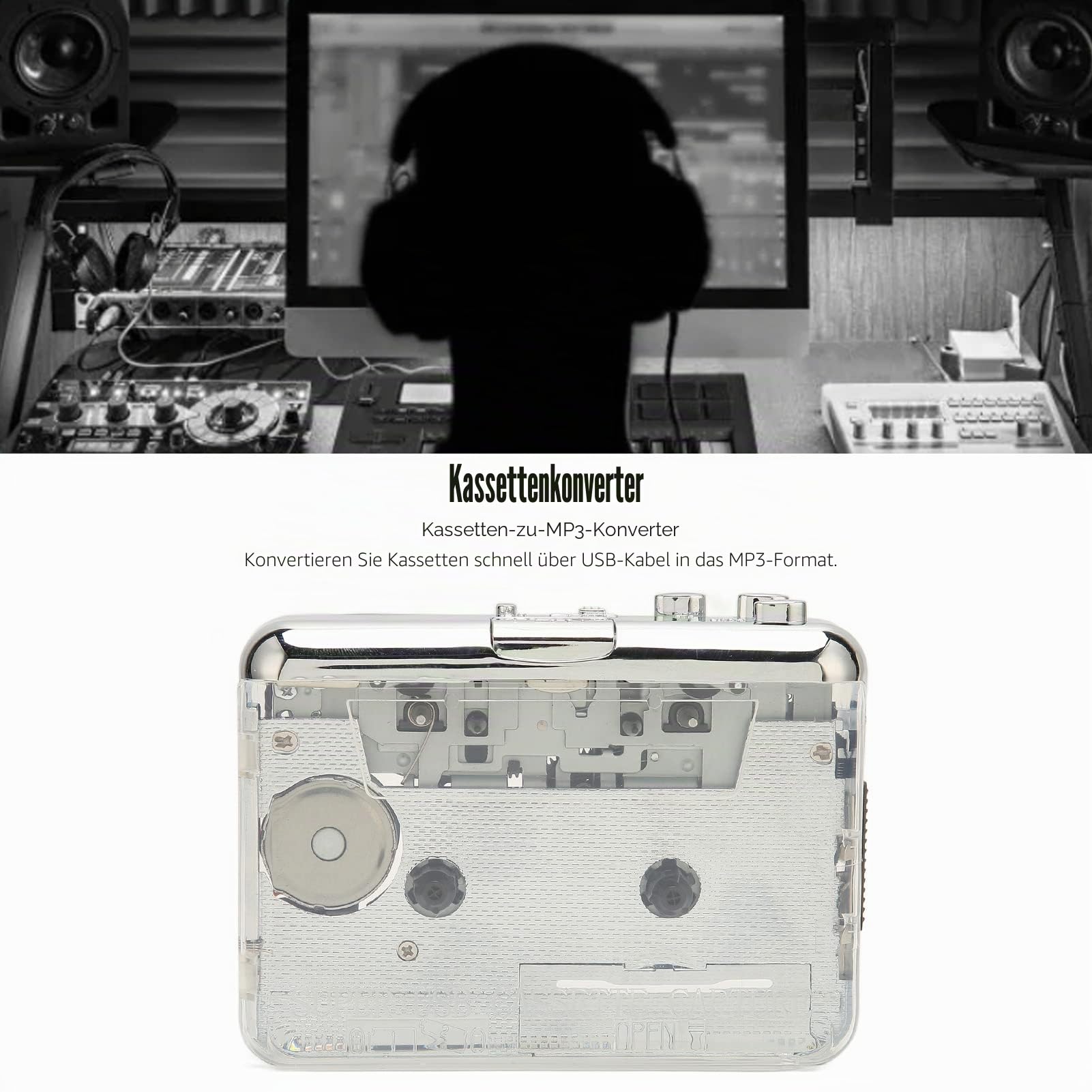 Kassetten-MP3-Player, Transparenter ABS-Kassettenspieler, Kassette Zum MP3-Player mit 3,5-mm-Kopfhöreranschluss, Kompatibel mit für OS X und PC