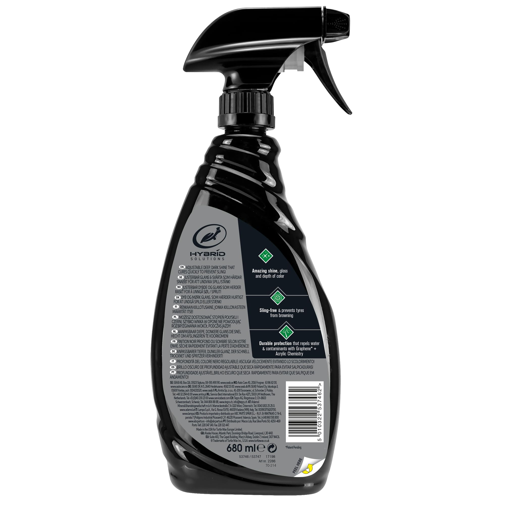 Turtle Wax Hybrid Solutions Graphene Acrylic Tyre Shine Spray Coating, 680 ml, powłoka nabłyszczająca do opon zapewniająca długotrwały, głęboki, czarny połysk, ochronę przed promieniowaniem UV