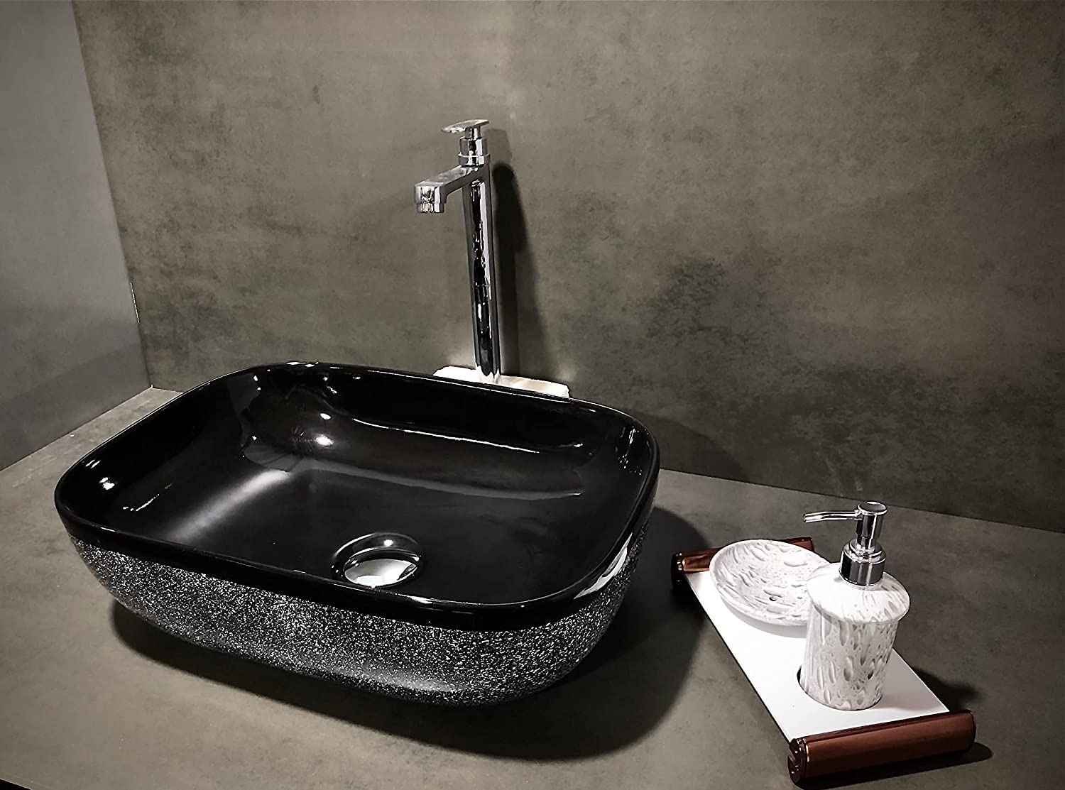 HISRE Table Top Wash Basin For Bathroom | Over Counter Top Wash Basin For Living Room | Washbasin Countertop | Tabletop Ceramic Bathroom Kitchen Sink (45 x 33 x 13 CM) (Black - Stars Design) 1
