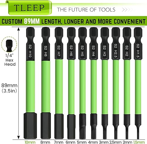 Miniatura 2 de TLEEP Juego de brocas de impacto de cabeza hexagonal de 3.5 pulgadas de largo, 14 de pulgada, métricas de 0.069 a 0.394 pulgadas y brocas de llave
