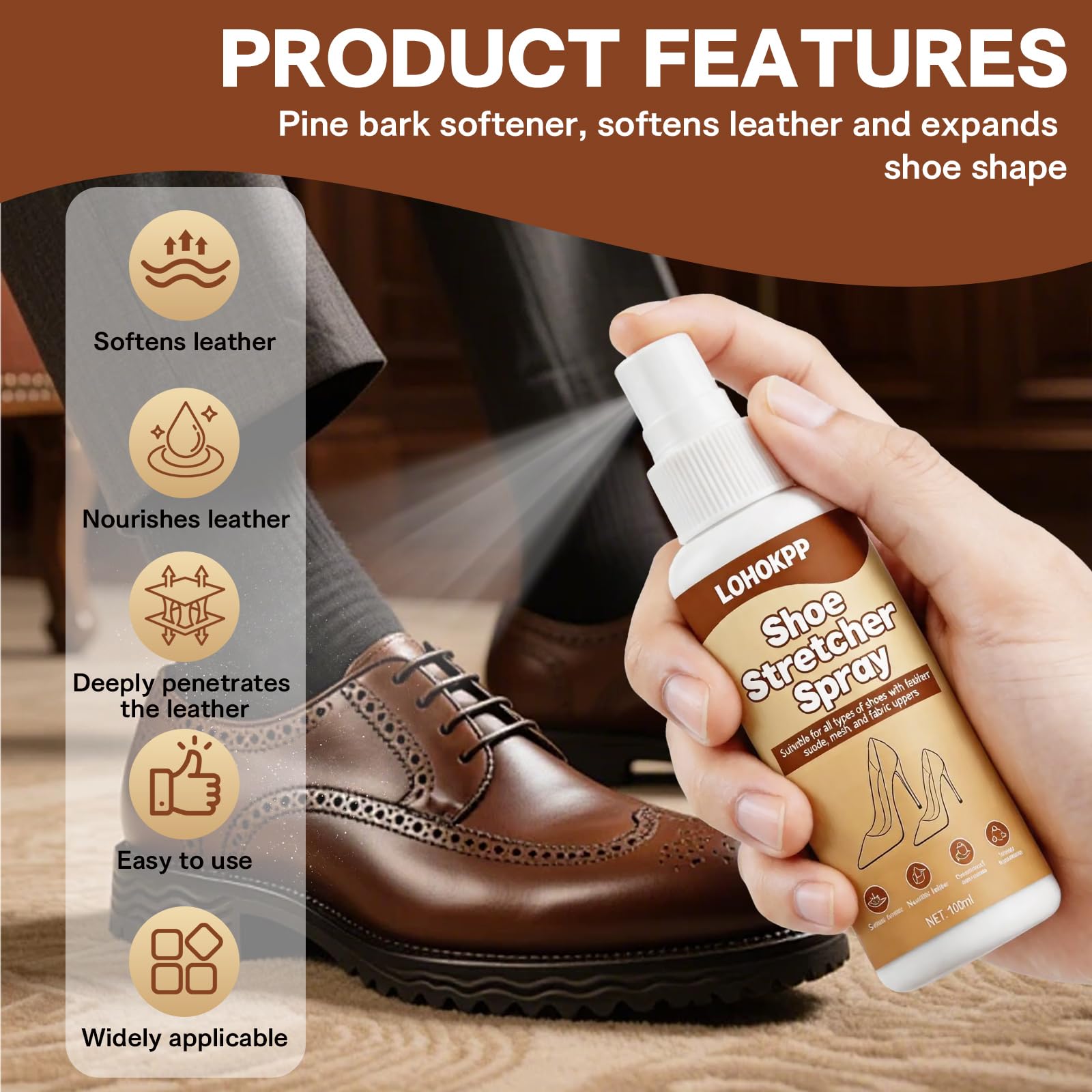 100ml Spray Dilatador Zapatos, Suavizante de Zapatos de Cuero, Estirador de Zapatos, Aumenta la Elasticidad en Zapatos de Cuero, Para Eliminar Rápidamente los Puntos de Presión