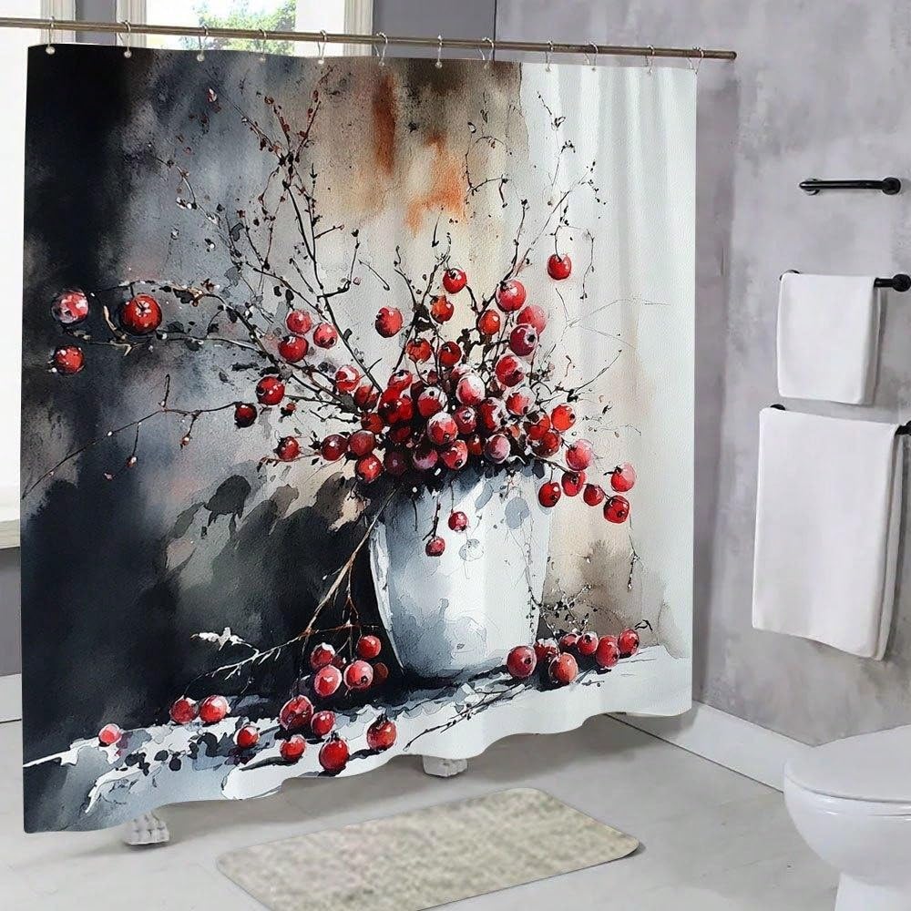 Jagodowa martwa natura zasłona prysznicowa, biały ceramiczny wazon, delikatne pędzle akwarelowe, z haczykami (300 x 190 cm, wodoodporna)