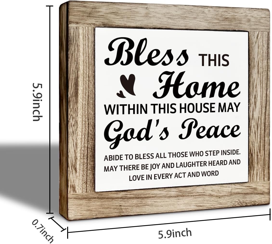 Christian Home Decor, Bless this Home House Wooden Box Sign, Farmhouse Desk Wooden Plaque For Bedroom Living Room, Housewarming Gift for Friend Family, Freestanding Decor 5.9x5.9 Inches - Image 2
