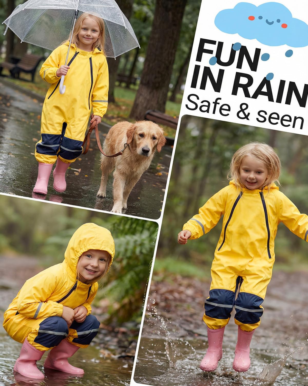 DivingBirds Kids Toddler Rain Suit Waterproof Coverall, Hooded Full-Body Raincoat For Outdoor Play (Ages 1–12)