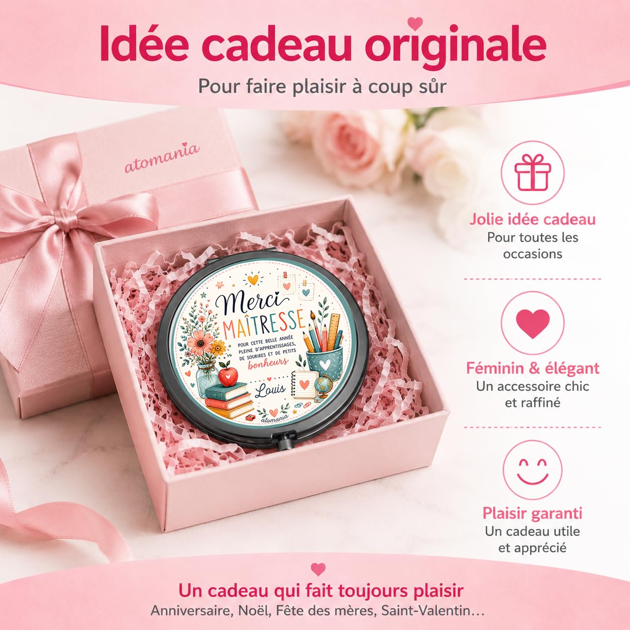 Miroir de Poche Merci Maîtresse Personnalisé – Cadeau Maîtresse Fin d'Année Scolaire avec Prénom – Cadeau Institutrice Original et Utile – Miroir Compact Femme