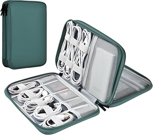 Miniatura 12 de Organizador de cables de cuero para viaje, impermeable, organizador de cables de viaje, portátil, organizador técnico, estuche de viaje para Verde