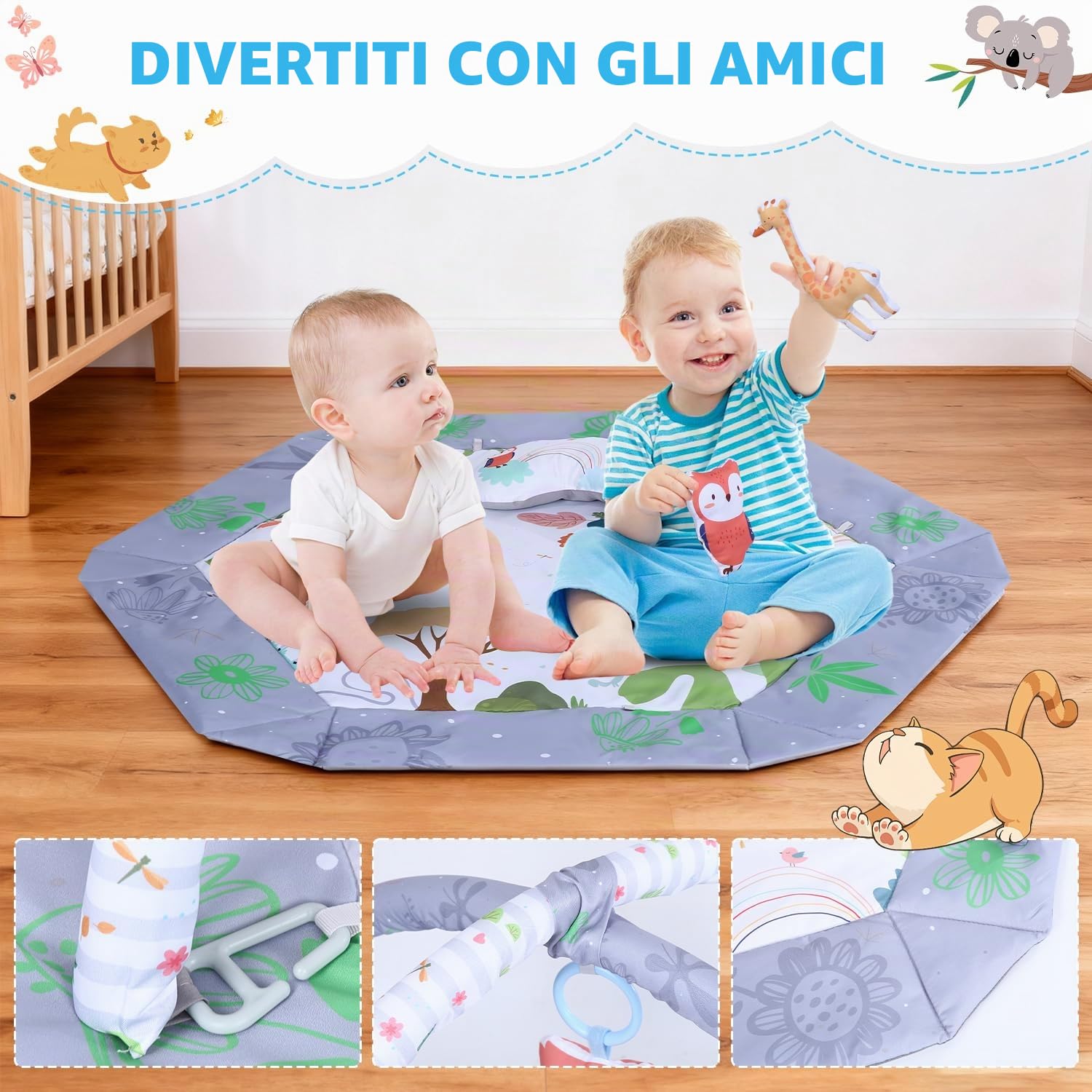 Palestrina Neonato con Arco Rimovibile, Palestrina Neonato Montessori con Cuscino per Tempo a Pancia in Giù, 5 Accessori Sensoriali Rimovibili, Lavabile e Morbido Tappetino Neonato Evolutivo