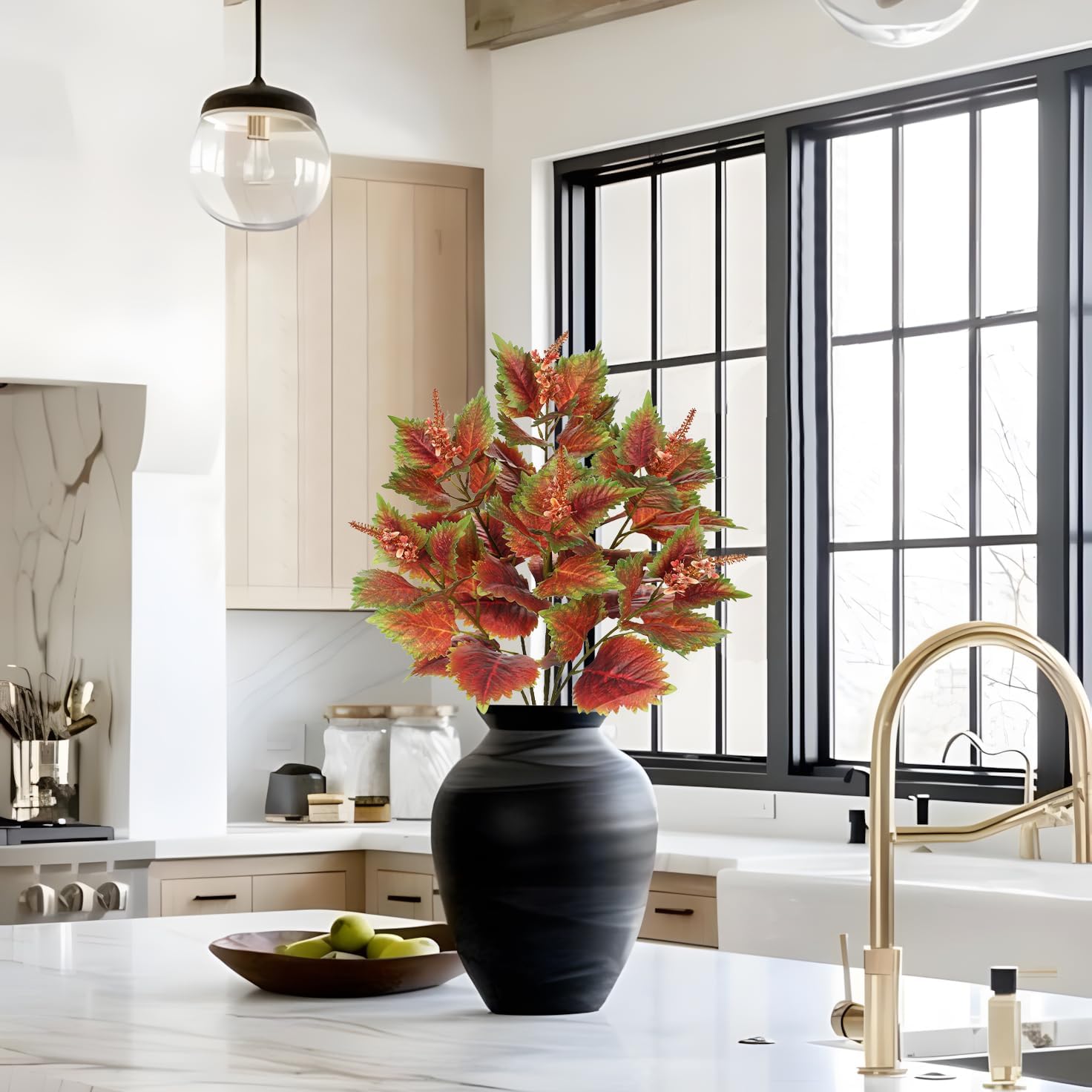 3Pcs Artificial Greenery Stems 35.4" Tall Faux Red Perilla Branches for Vase Fillers Silk Greenery for Centerpiece Floral Arrangement Artificial Leaves with Stems for Farmhouse Home Kitchen Decor