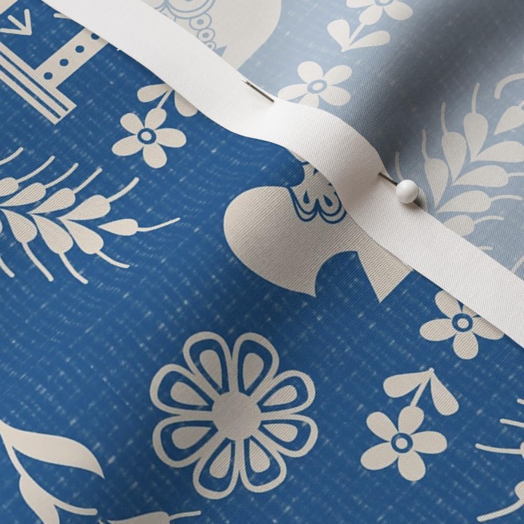 Spoonflower Fabric - Dala Farm Blue Swedish Folk Art Horse Cat Rooster Pig Goat Bunny Printed on Cotton Poplin Fabric by The Yard - Sewing Shirting Quilting Dresses Apparel Crafts