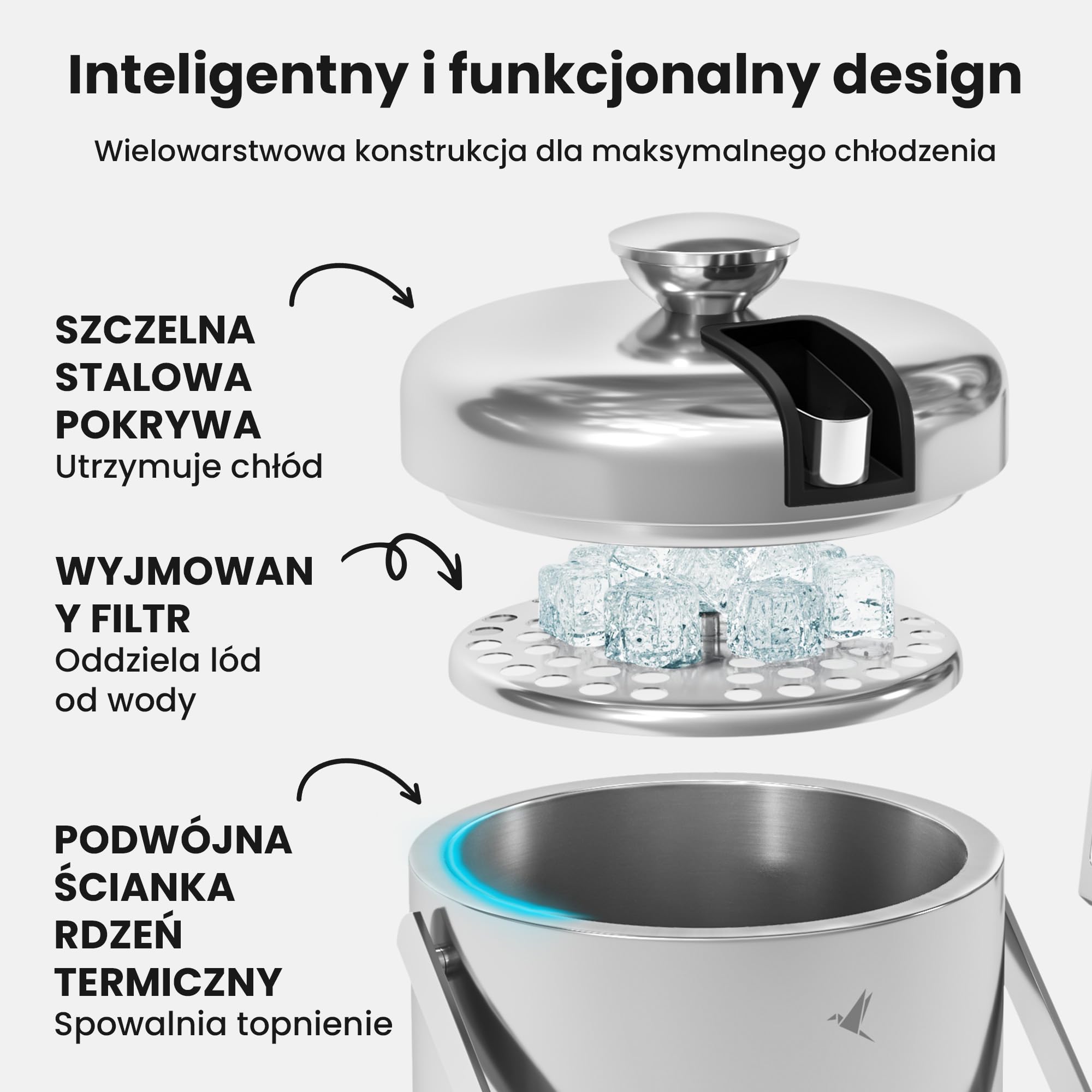 Beyond Pojemnik na Kostki Lodu z Pokrywką i Szczypcami ze Stali Nierdzewnej BPA-free – Chłodziarka do Lodu z Podwójnymi Ściankami, 1,3 Litra Kostek Lodu, Wiaderko na Lód, Kubełek na Lód – Srebrny