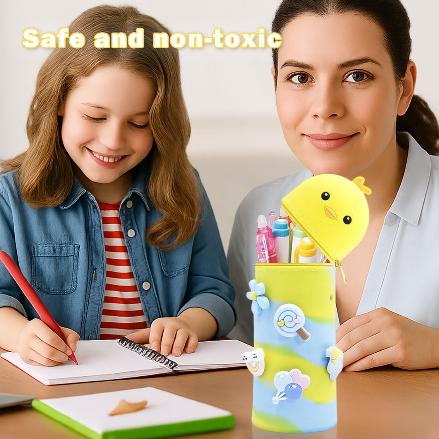 MOTIBACK Silicone Telescopic Pencil Case with Animal Design - Cute Chick 2-in-1 School Pen Holder, Decorative Buckle with Perforations Stand Up Pencil Case for School, OfficeYellow Blue - Image 2