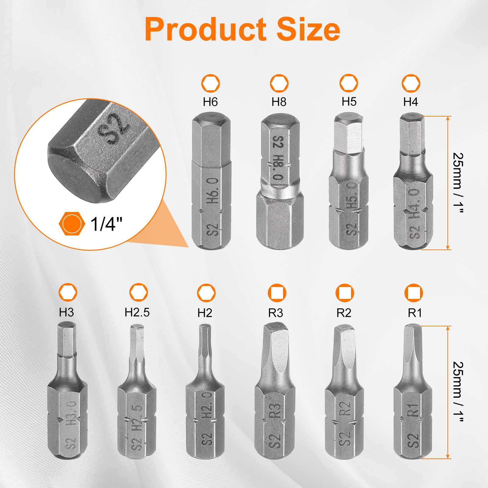 HARFINGTON Juego de 10 brocas hexagonales cuadradas H2.0 H2.5 H3.0 H4.0 H5.0 H6.0 H8.0 R1 R2 R3 S2 de acero hexagonal de 1/4 pulgadas con soporte de brocas