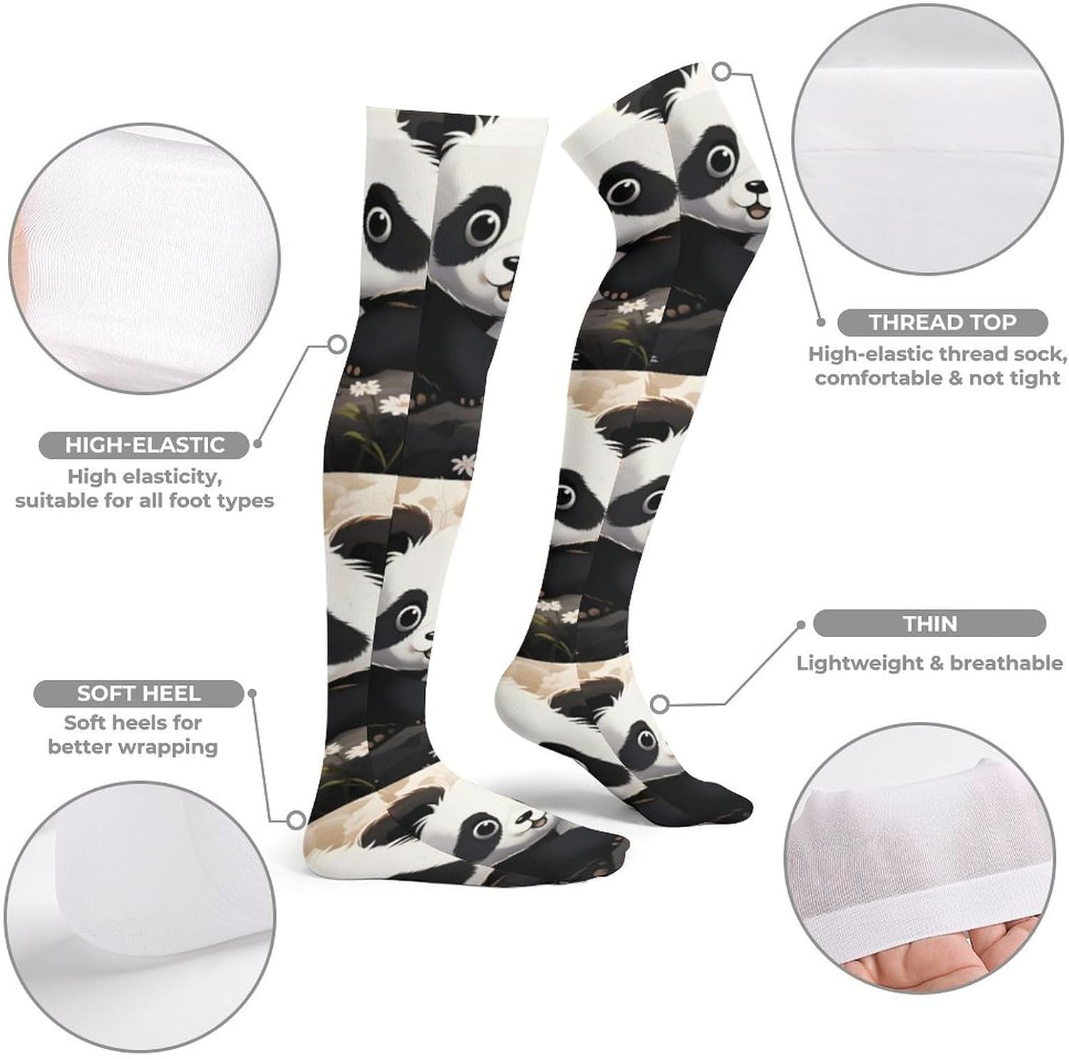 Cute Panda Animal Knee High Stockings for Women 23.6" Breathable Thigh High Stockings Over The Knee Socks