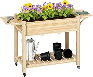 Outsunny Raised Garden Bed, 57 x 20.5 x 34 in Wood Elevated Planter Box with Lockable Wheels, Side Tables and Bottom Shelf, Outdoor Raised Planter with Bed Liner and Drainage Holes, Natural