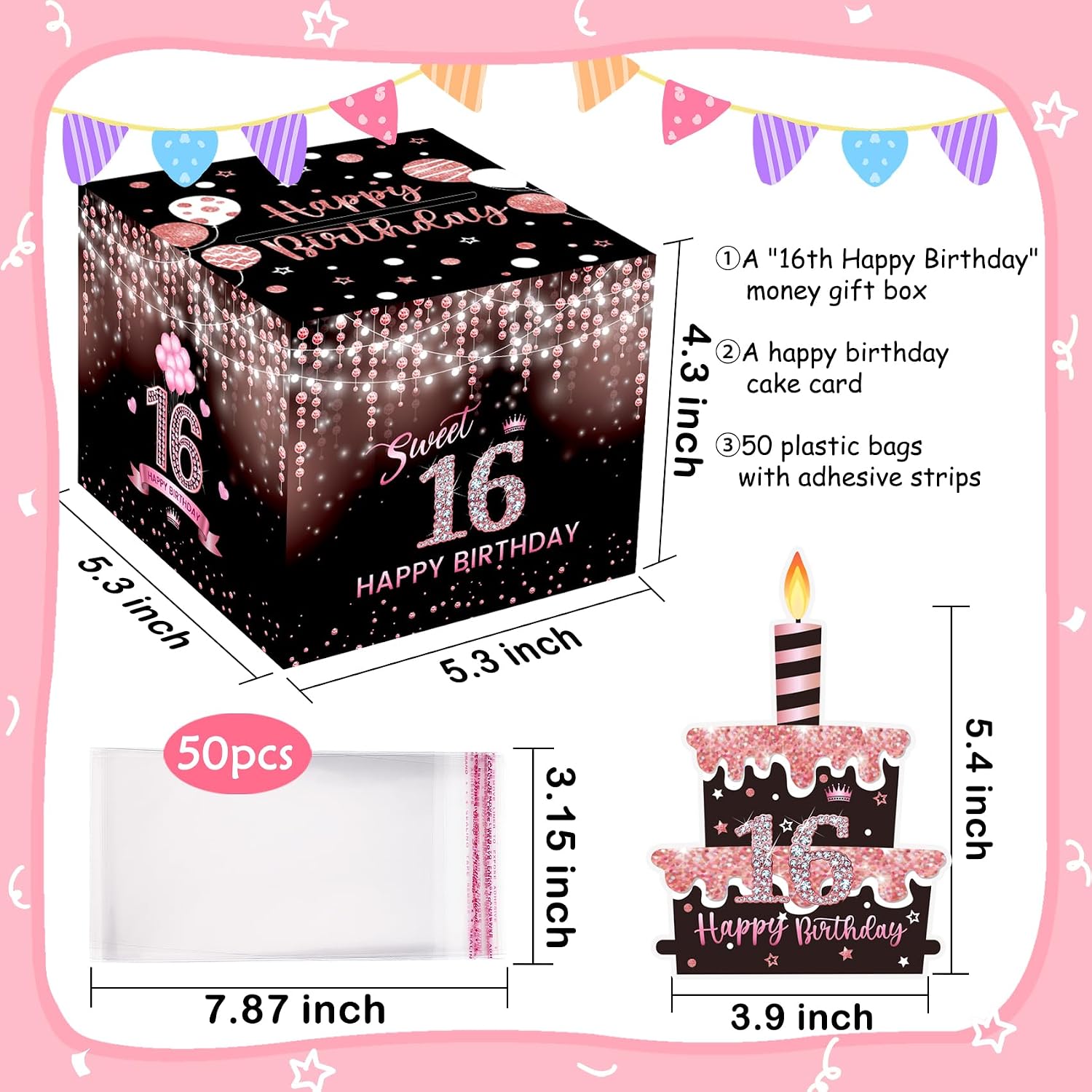 Sweet 16th Birthday Money Box for Cash Gift, Surprise Pull Out Money Gift Box with 50Pcs Transparent Bags - Fun Ways to Give Cash as A 16th Birthday Gift for Girls image 5