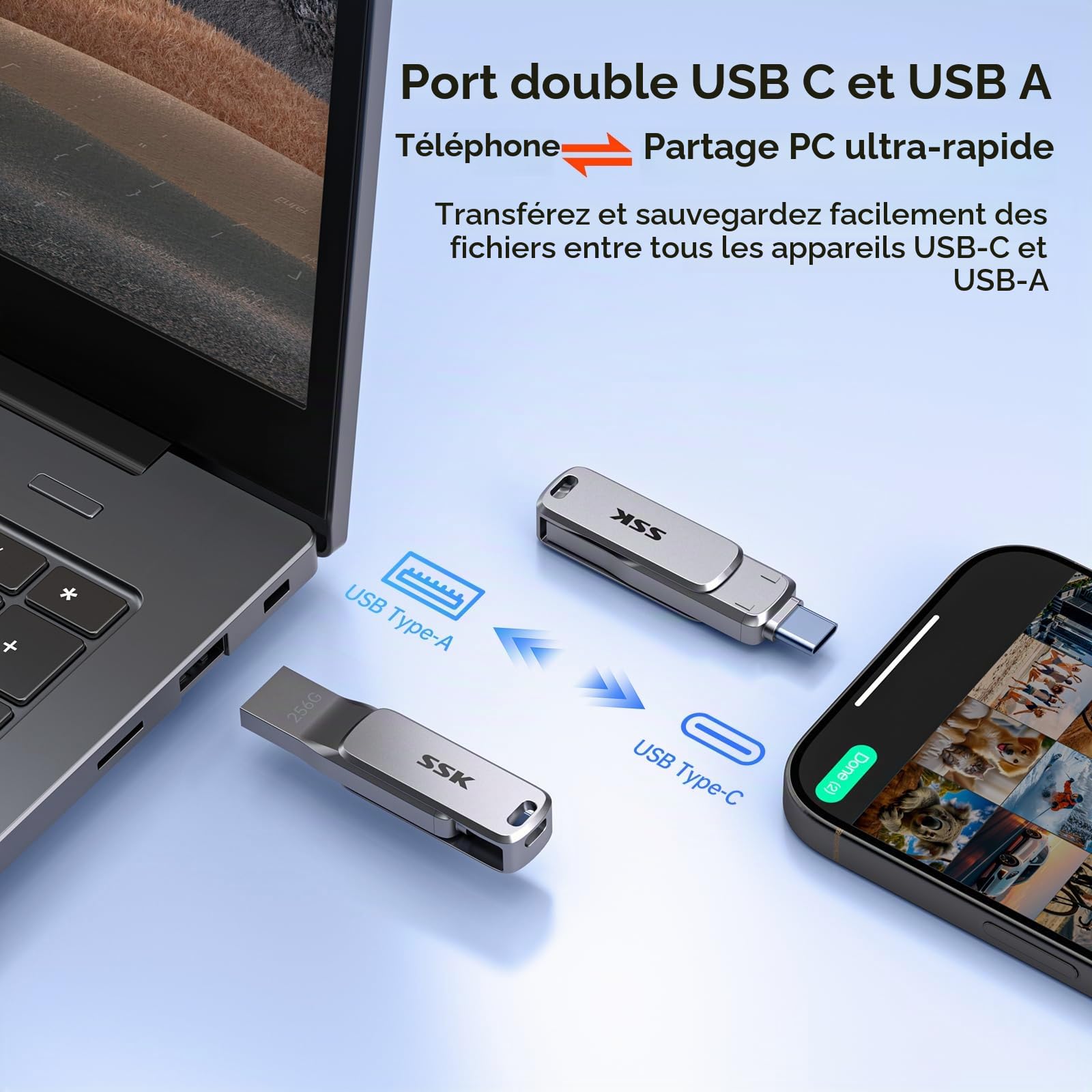 SSK 256 Go Clé USB Double Connecteurs, Clé USB C Flash Drive jusqu'à 220 Mo/s Type-C et USB-A Mémoire Stick pour iPhone 15/16/17Pro/Android OTG avec Étanche, Anti-poussière et Anti-Chute