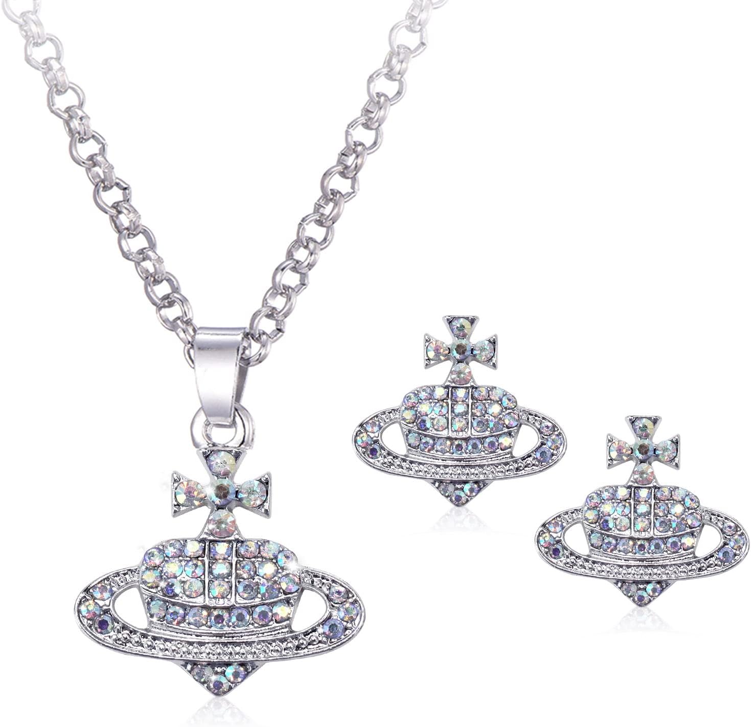 2 in 1 Combination Set Planet Earrings, Necklace, Alloy Composition Heart Planet Stud Inlaid Colorful Rhinestone Design, Great Jewellery Pendant Gifts for Women Girls