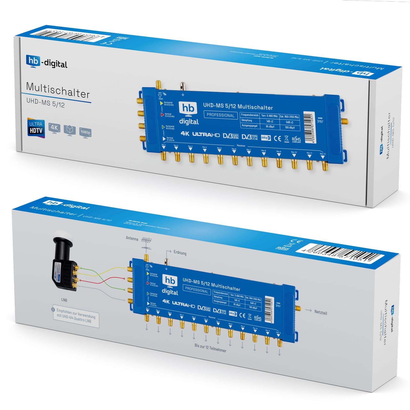 hb-digital Commutatore 5/12 con alimentatore esterno per 12 partecipanti e 1 satellite – adatto solo per Quattro LNB UHD 4K Full HD DVB-S/S2 – ingresso terrestre – connettori F dorati