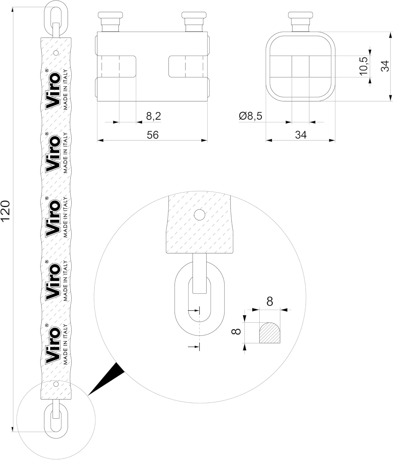 Viro 4243, Motorcycle and Scooter Lock, Solid Brass, Tear and Anti-Cut Pole, Semi-Square Chain, Section, Multi-Coloured, Catena 120 cm, sezione 8 mm