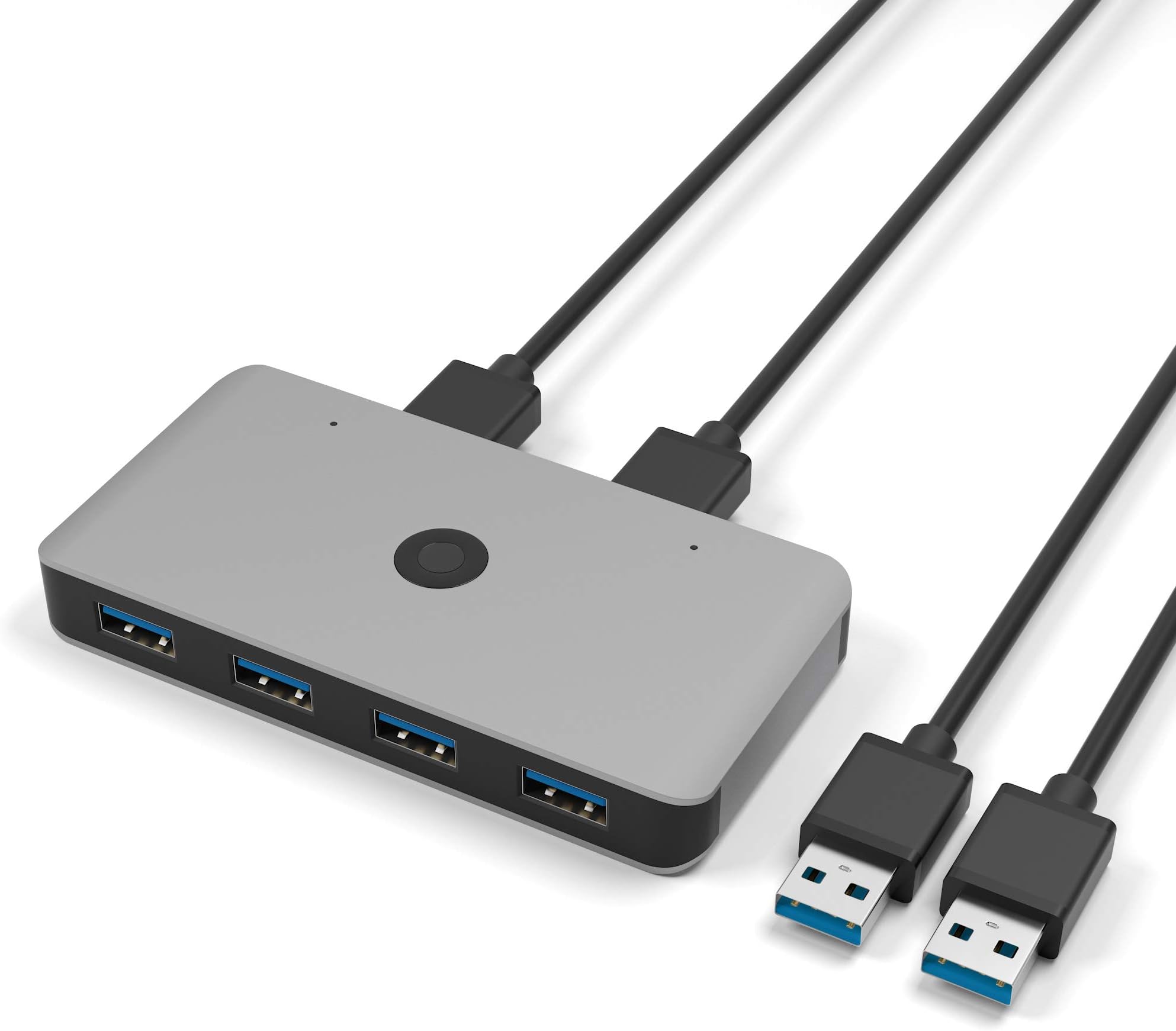 USB 3.0 Aluminum Sharing Switch Selector 4 Port 2 Computers Peripheral Switcher Adapter Hub for PC, Printer, Scanner, Mouse, Keyboard with One Button Swapping and 2 Pack USB 3.0 Male Cable