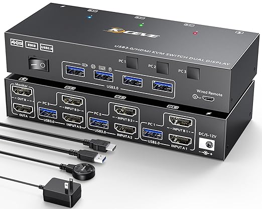 USB 3.0 KVM Switch HDMI 3 PC 2 Monitor 4K