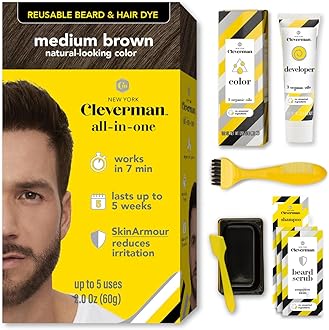 Hair & Beard Dye Kit for Men, All-in-One Reusable Mens Hair Color, Natural Gray Coverage, Ammonia-Free Beard Mustache Dye for Men, Medium Brown