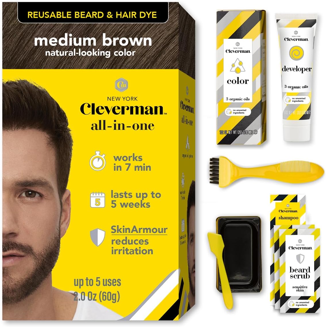 Reusable Hair & Beard Dye for Men – Medium Brown 5.13 | Up to 5 Uses, 7 Minutes | Natural Gray Coverage, No-Drip Cream with SkinArmour® – Cleverman