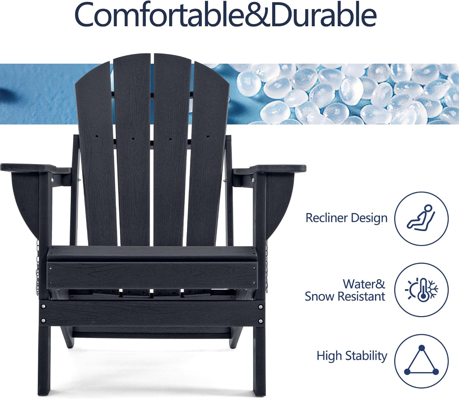 Folding Adirondack Chair, HDPE Outdoor Texture Lawn Chair with Reclining Back, Cup and Phone Holder - Comfortable Firepit Chair Weather Resistant for Patio or Backyard (Dark Black, Set of 2)