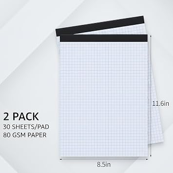 2 Pack Graph Paper Pad, A4 Grid Notebook, 4x4 Quad Ruled, 30 Sheets/Pad