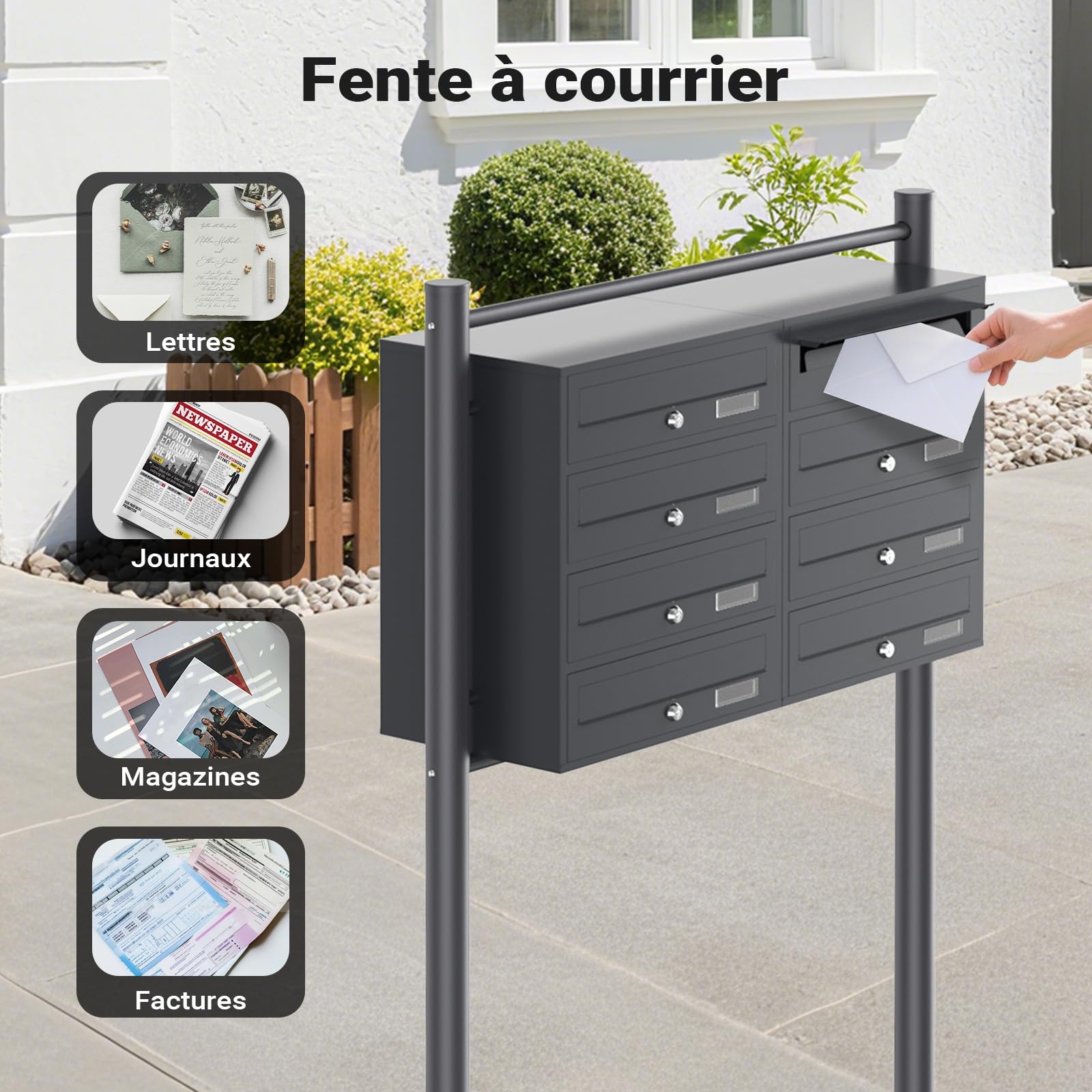 Wiltec Boîte aux Lettres sur Pieds Gris Anthracite 945 x 270 x 1500 mm, avec 8 Compartiments verrouillables 2x4 et Porte-nom, Revêtement en Poudre, pour Courrier