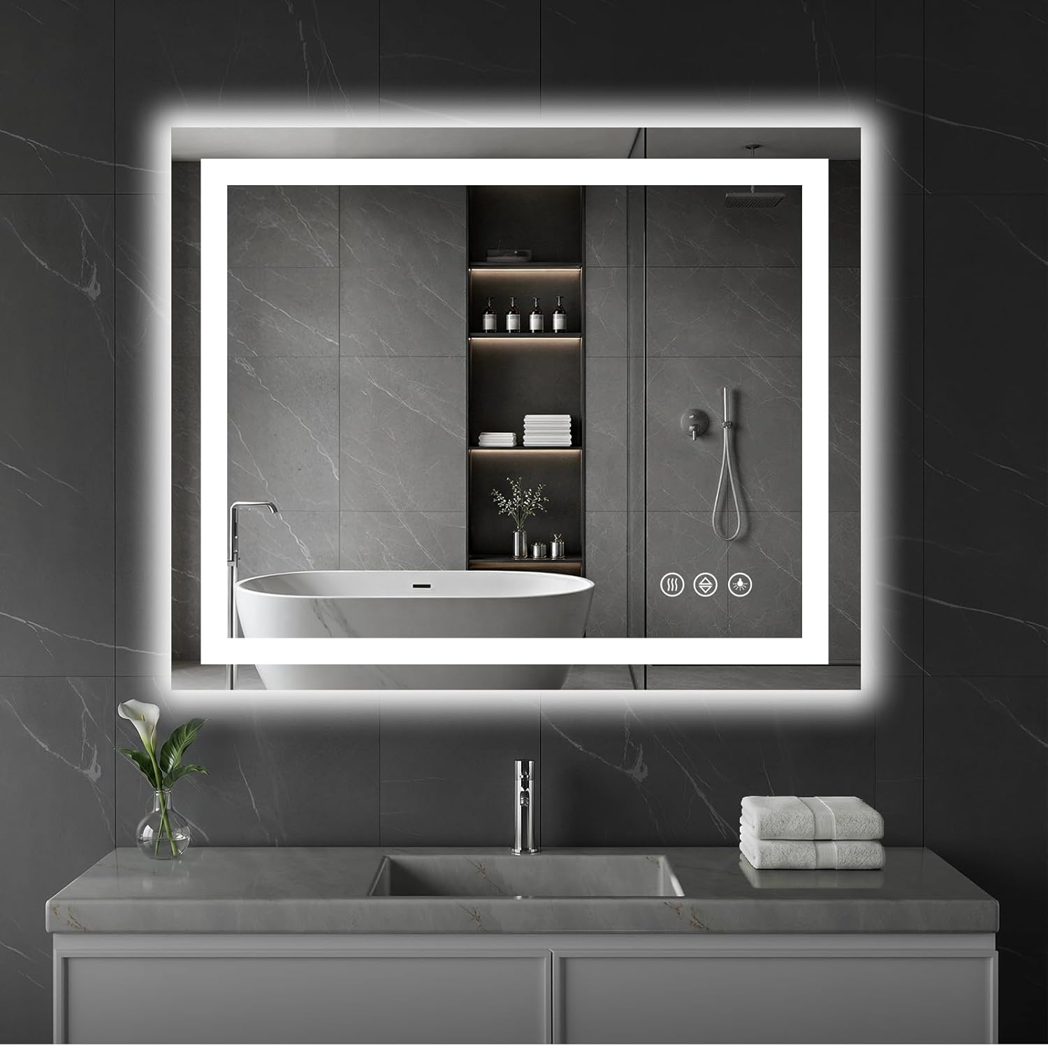 Koonmi 36x30 LED Bathroom Mirror, Shatterproof Mirror with Light | 90CRI Vanity Mirror with Anti-fog Backlit + Front Lit, 3 Color, Easy Install for Bathroom Hotel (IP65)