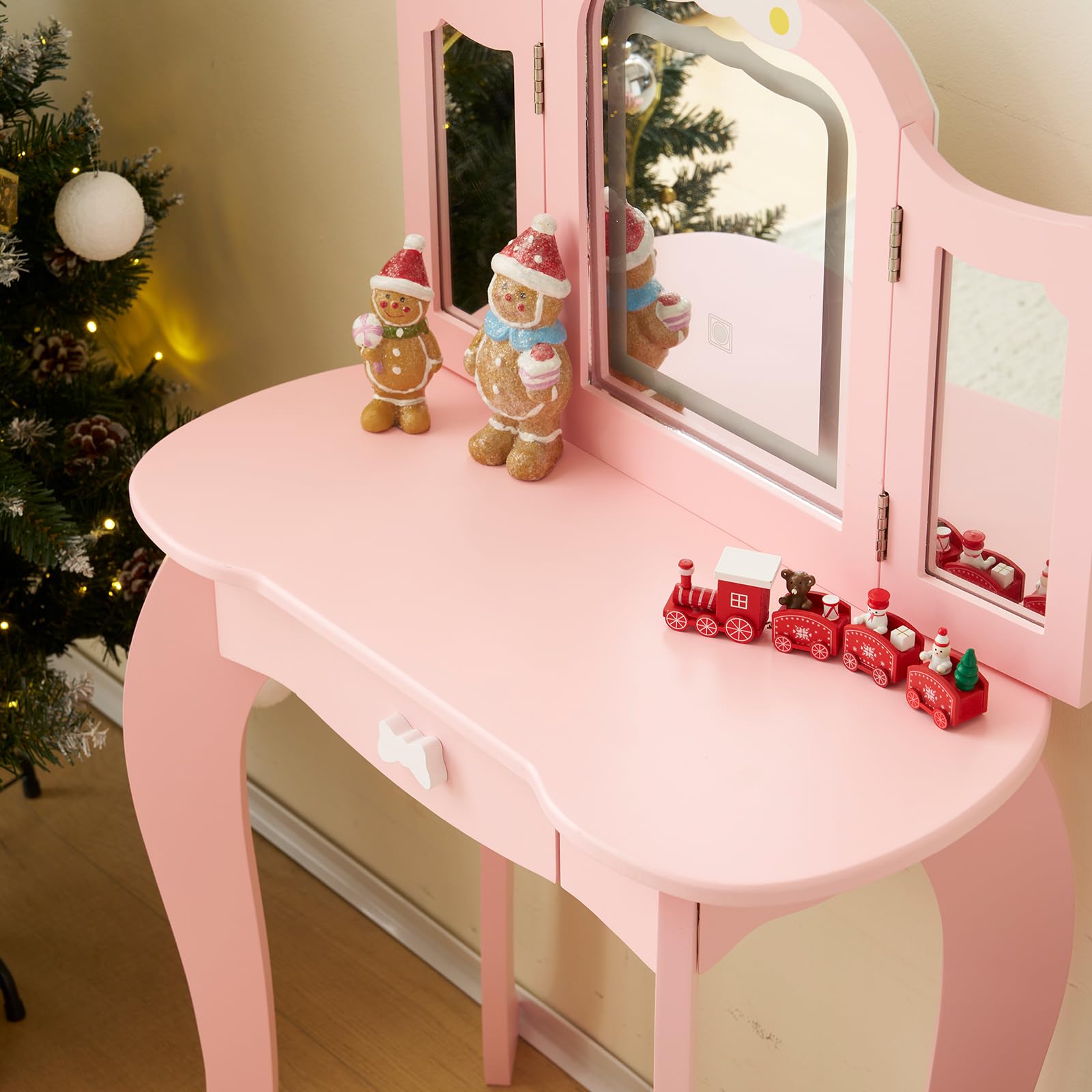 LEADZM Coiffeuse pour Enfants avec Miroir à Trois Volets avec Tabouret, Lampe LED Tactile à 3 Couleurs (Rose)