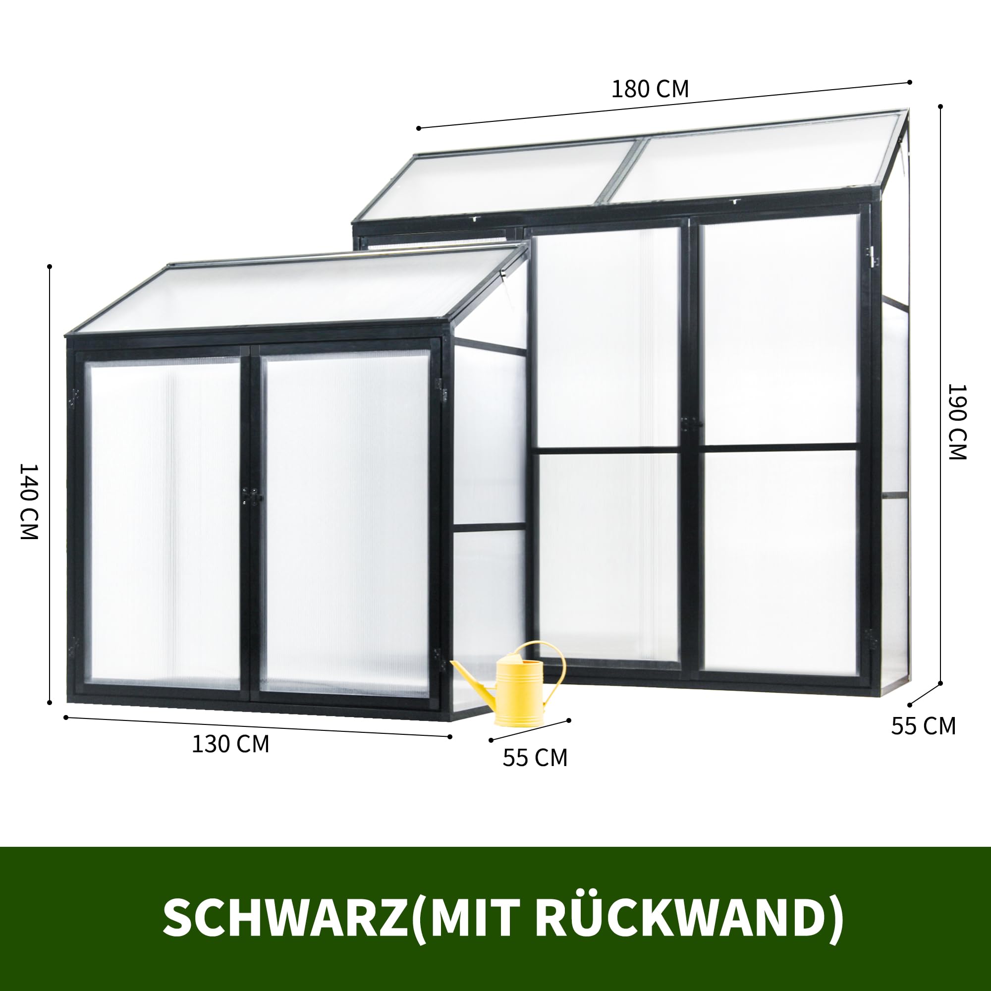 Anlehngewächshaus Tomaten Gewächshaus 180x55x190cm Aluminium Beistell-Gewächshaus, Treibhaus Gartenhaus Frühbeet mit Rückwand, Winterfest Klein, Minigewächshaus, Schwarz