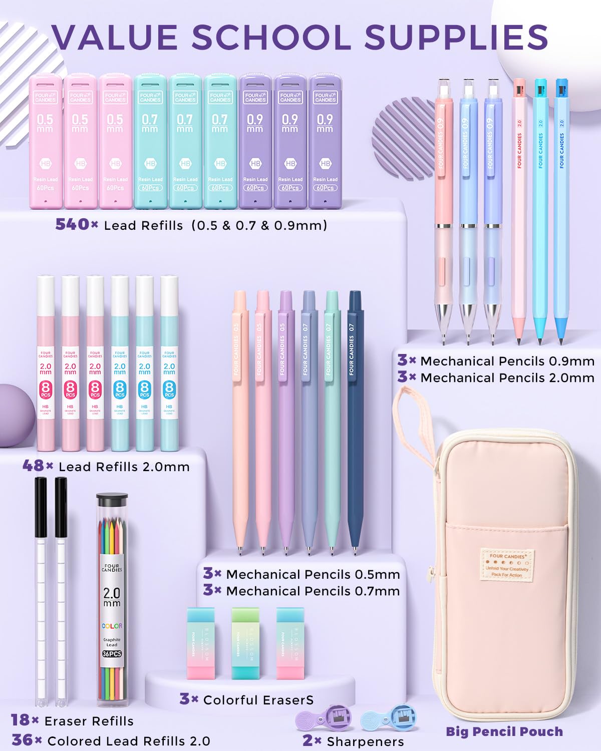 Four Candies 36PCS Aesthetic School Supplies, Mechanical Pencils 0.5mm, 0.7mm, 0.9mm & 2.0mm with 624PCS Lead Refills, Cute Mechanical Pencils for Writing, Drawing & Drafting ()