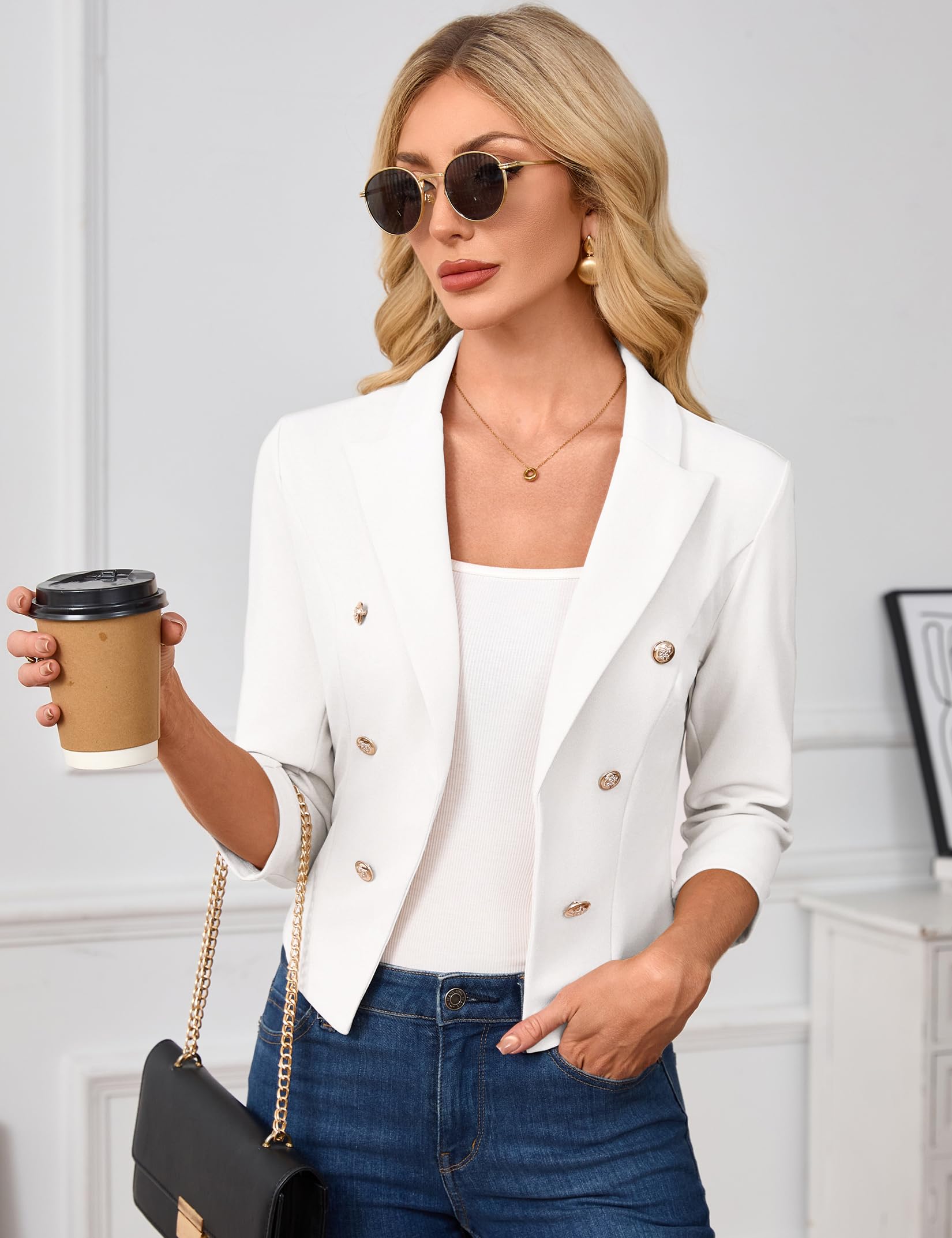 Blazer corto da donna, maniche a 3/4, colletto a risvolto, cardigan business bolero aperto frontale (confezione multipla)