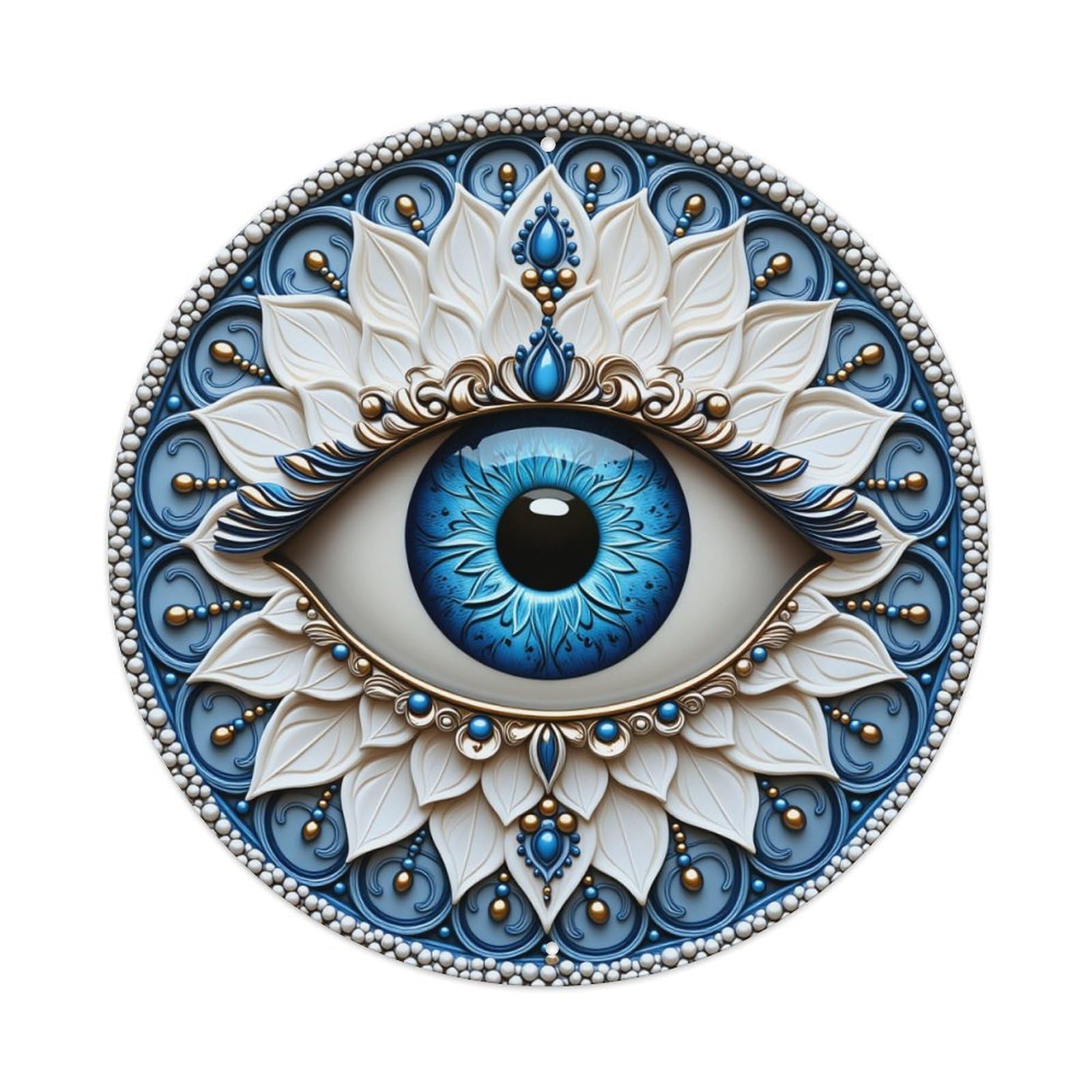 Blue Eye Mandala Pattern Art Round Tin Sign Vintage Metal Poster, Home Bar Garage Man Cave Cafe Indoor & Outdoor Wall Decoration 8x8Inches