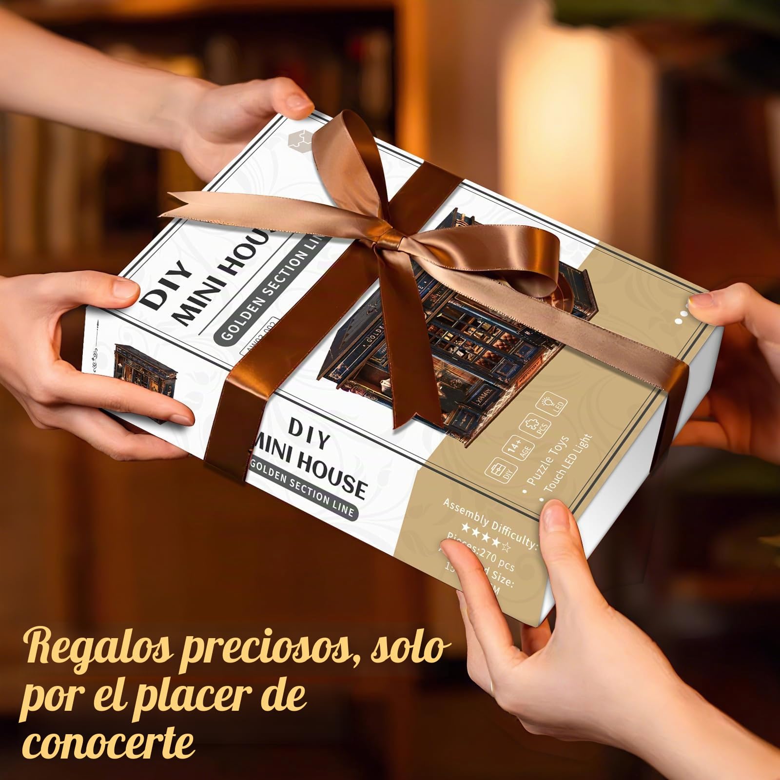 Book Nook Kit,Golden Section Line"Estilo retro de lujo",Kit de casa en Miniatura,puzzle de madera 3D con LED,kit de manualidades para niños y Adultos,Decoración Hogareña y Regalo Original