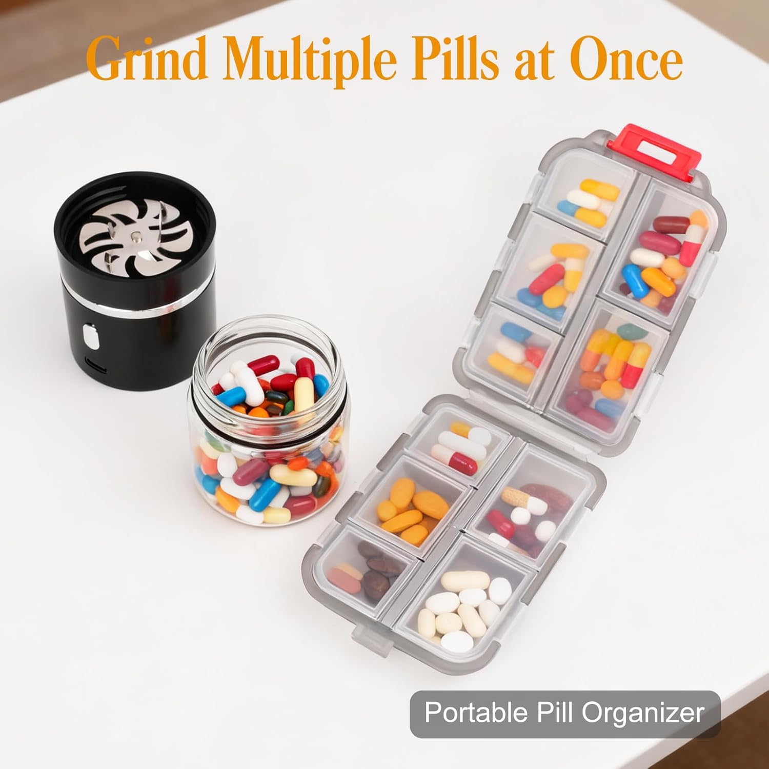 ミニ電動ピルクラッシャー ピルオーガナイザー付き 充電式 洗濯可能 小粒から大粒の錠剤を挽いて粉砕して微粉末に ポータブルで簡単操作